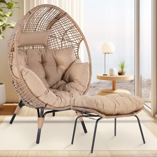 NICESOUL Stationary Egg Chair Indoor Outdoor Wicker Oversized Thick Cushions Egg Shaped Loveseat Chair,680lbs Egg Basket Lounge Chair with Ottoman Footrest for Patio Balcony Porch Bedroom Gray