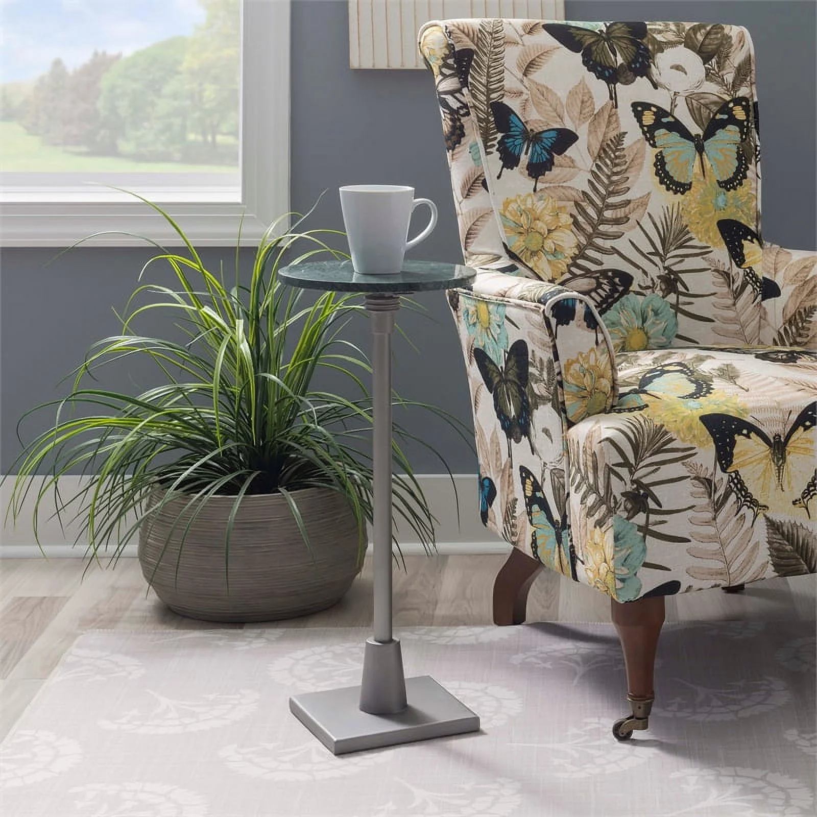 Linon Gavin Adjustable Metal and Green Marble Drink Accent Table in Silver