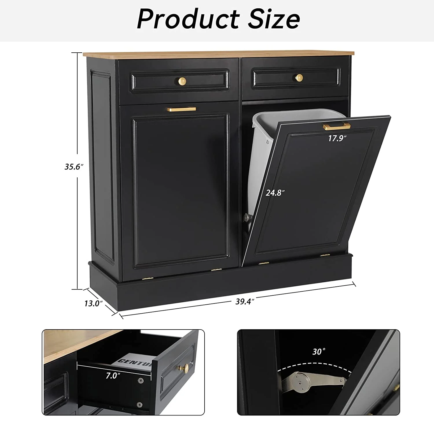 GEROBOOM Double Kitchen Trash Cabinets Two Tilt Out Trash Cabinets with Solid Hideaway Drawers Free Standing Wooden Kitchen  Recycling Cabinet  Holder (Black)