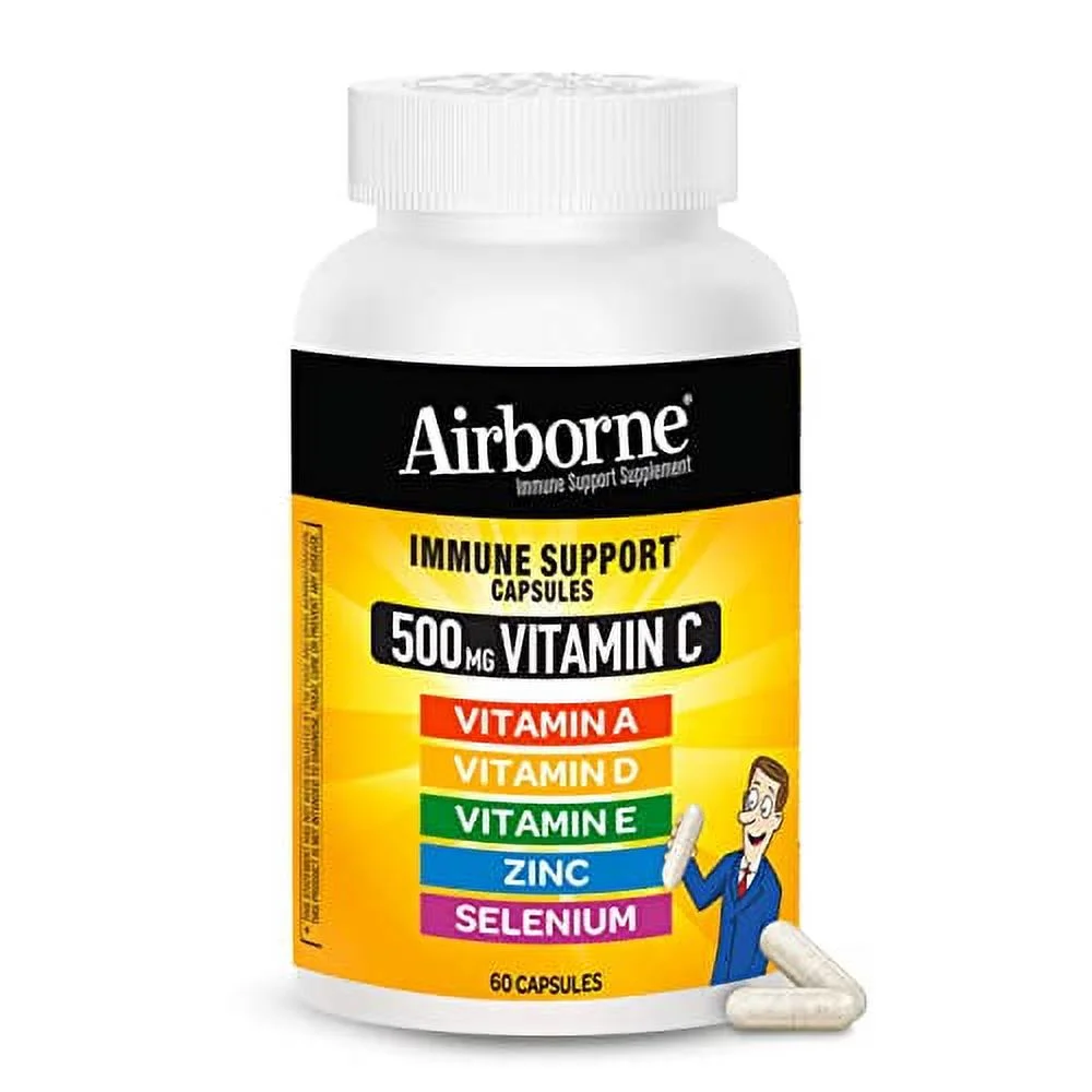 Airborne Vitamin C 500mg Capsules With Zinc & Selenium, Immune Support Supplement For Adults with Powerful Antioxidants Vitamins A C & E + Vitamin D - 60ct Bottle (30 Servings)