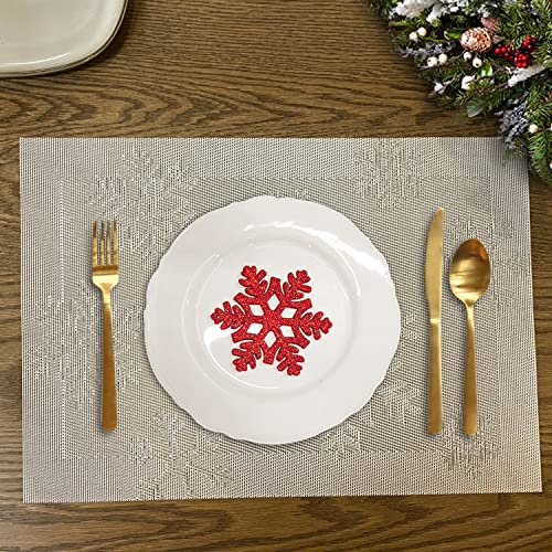 Christmas Placemats Set of 6 Woven Vinyl Non-Slip Placemats Washable Table Mats Anti-Skid Placemats for Kitchen Table (Snow Silver)