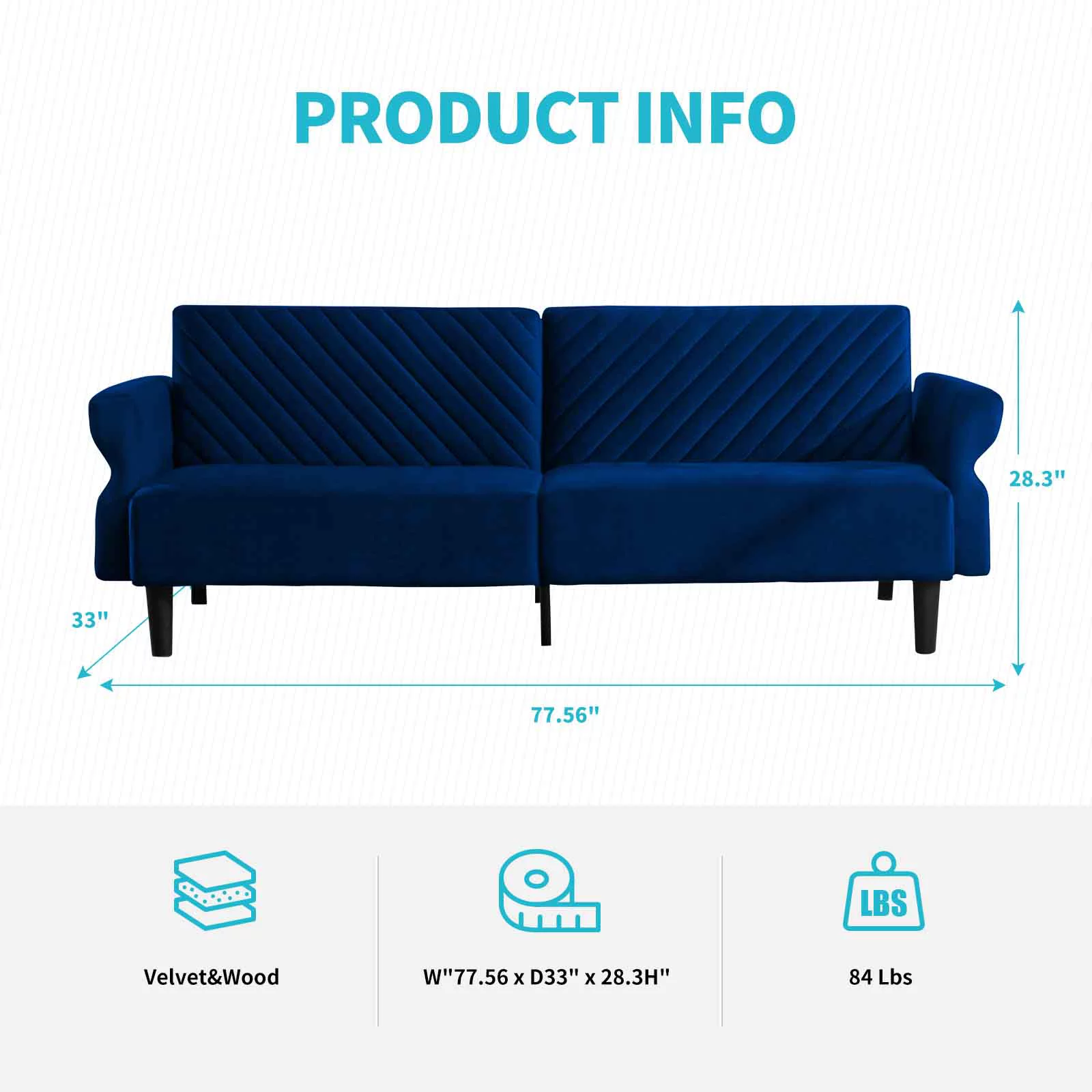CECER Convertible Futon Sofa Bed | Modern Loveseat | Folding Upholstered Sleeper Sofa with Adjustable Backrest & Armrest,Blue