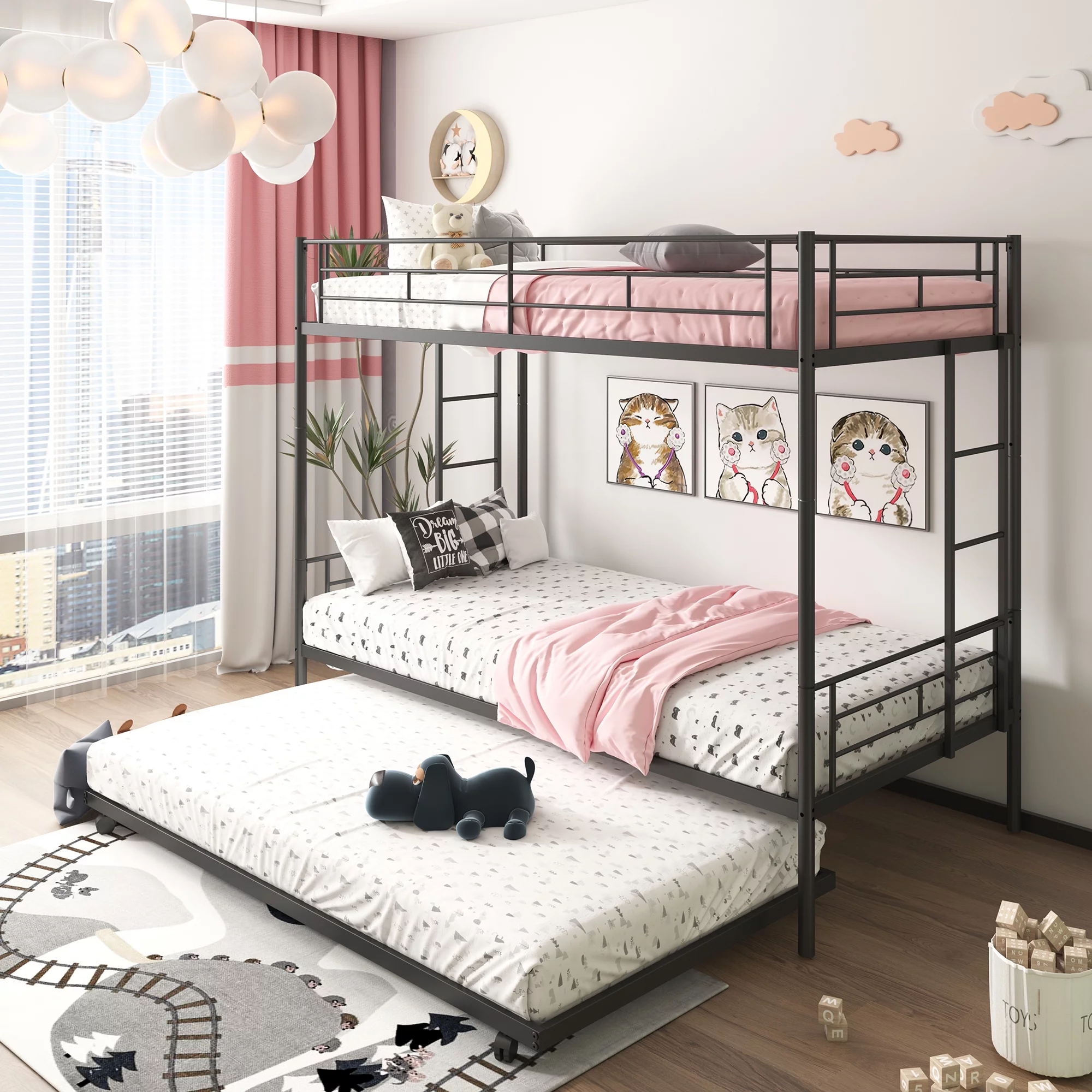 Twin Over Twin Bunk Bed, Heavy Duty Metal Bed Frame with Trundle, Twin Over Twin Size Bed with 2 Side Ladder and Safety Rails, Bunk Beds for Kids Guest Small Rooms Up to 3 People, Black