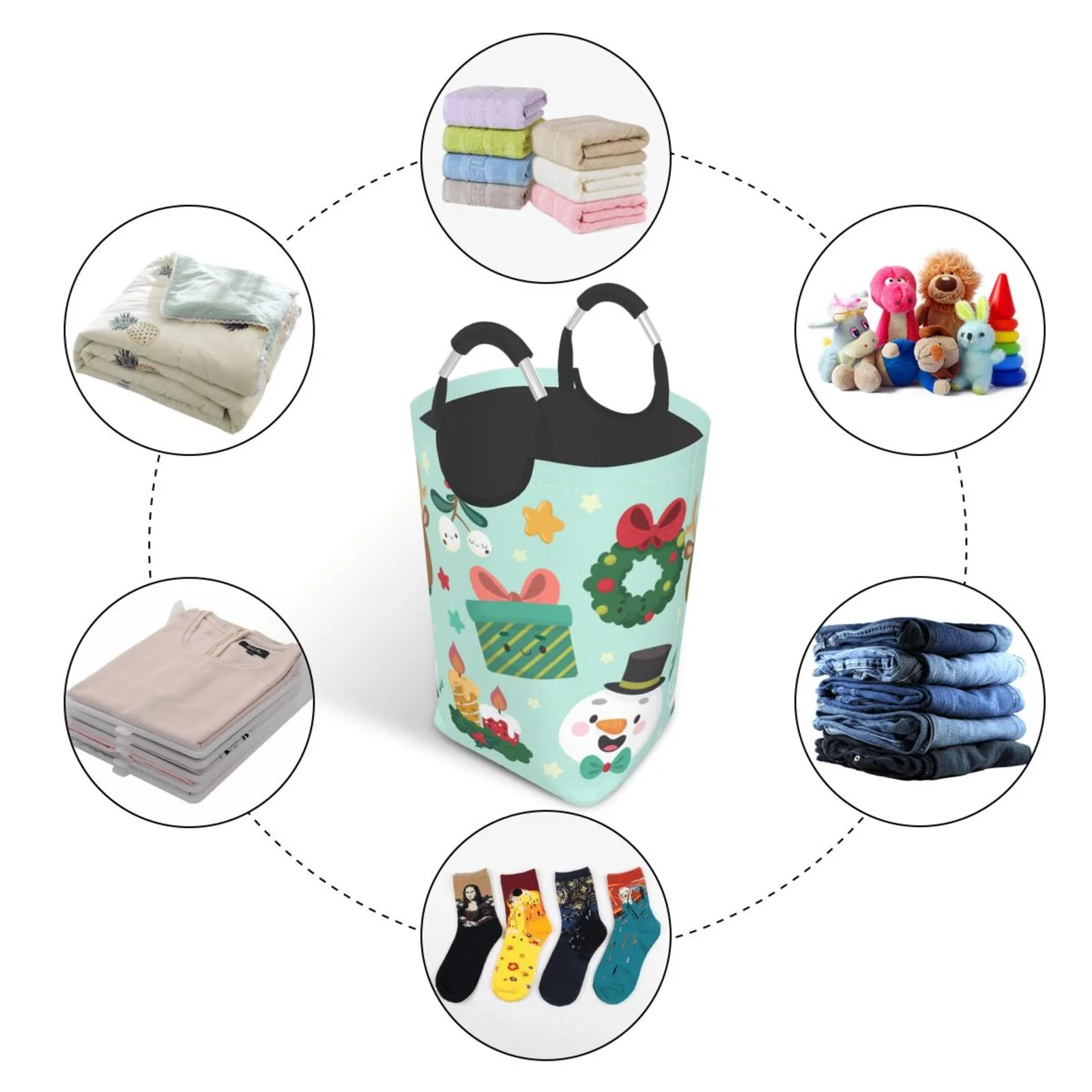 XMXT Collapsible Laundry Basket Hamper, Christmas Snowman Elk Cartoon Print Large Laundry Bag Clothes Hamper with Aluminum Handle, 50L
