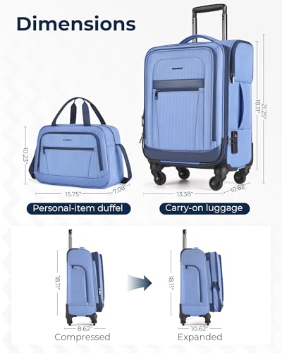 BAGSMART Carry-On Luggage Airline Approved, 20 inch Expandable Suitcase with Duffel bag, Softside Lightweight Suitcases with Spinner Wheels, Durable Travel Luggage, Carry-On Gray