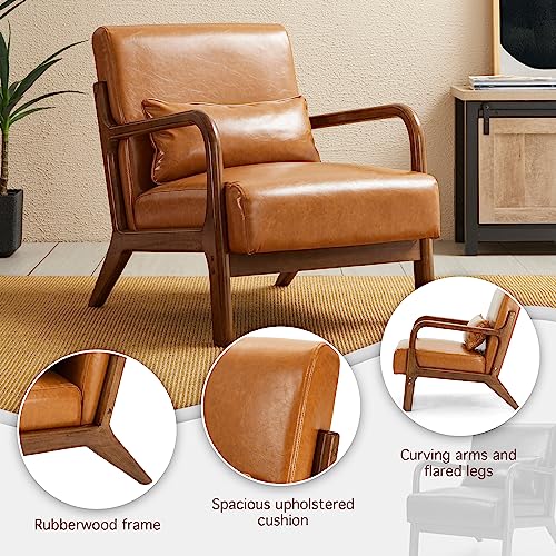 Glitzhome 2 Set Mid Century Black Accent Armchair, Single Reading Armchair PU Leather Lounge Chair with Walnut Ruberwood Frame
