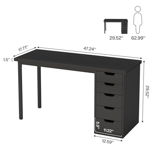 Tribesigns Computer Desk with 5 Drawers, 47 inches Rustic Brown Home Office Desk with Storage, Modern Simple Laptop Desk Study Writing Table for Small Spaces (1, Black)