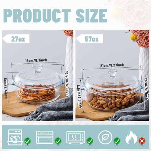 2 Pieces Glass Casserole Dish with Lid Baking Casserole Dish Covered Cookware Microwave Bowls with Handle for Kitchen Restaurant Home Party Cooking, Oven Safe (Square, 0.8L/ 1.5L)