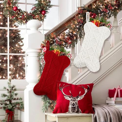 2Pcs Personalized Dog Christmas Stockings, Dog Christmas Stocking, 18 Inch Large Knitted Christmas Stocking for Dogs, Bone Shaped Hanging Dog Stockings for Dogs Pets (White & Red)
