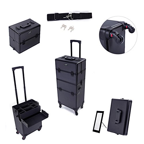 2 in 1 Rolling Makeup Train Case, Travel Makeup Organizer Cosmetic Display Case, Aluminum Cosmetology Supply Suitcase on Wheels, Beauty Storage Luggage Lockable w/4 Removable Wheels (Black)