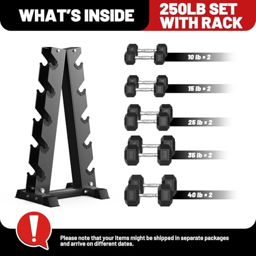 PAPABABE Hex Dumbbell Set with Rack, Rubber Encased Dumbbell Free Weights Set for Home Gym