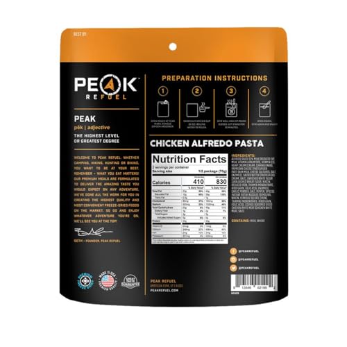 Peak Refuel Chicken Alfredo Pasta 2-Pack | Premium Freeze Dried Camping Food | Backpacking & Hiking MRE Meals | Just Add Water | 100% Real Meat | 48g of Protein Per Pouch | 2 Servings Per Pouch