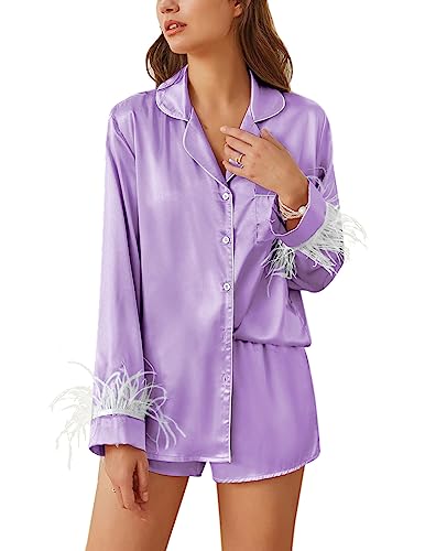 Ekouaer Women's Bridal Feather Trim Silk Satin Pajama Set Long Sleeve Lounge Sets Sleepwear (Removable Feather)
