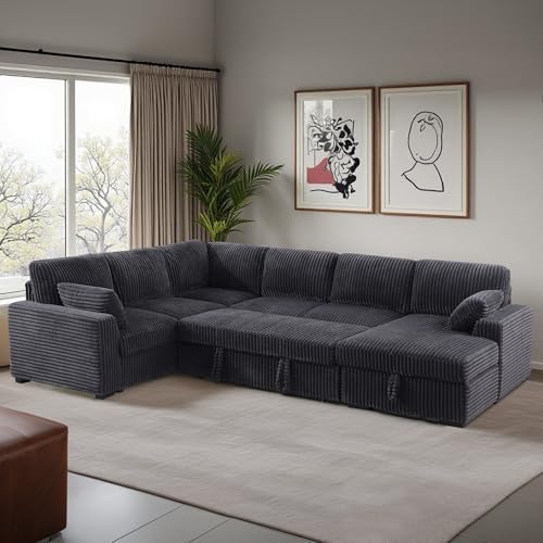 L-Shaped Pull Out Sleep Sofabed,Modern Reversible Sleeper Sectional Sofa Chenille Upholstered Button Tufted Decor with Storage Chaise, Drop-Down Table, Cup Holders and Charging Ports (USB & Type-C)