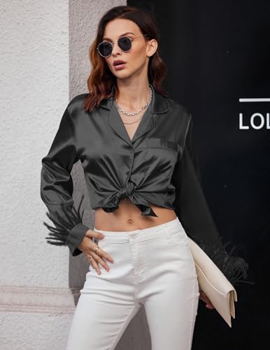 Ekouaer Women's Bridal Feather Trim Silk Satin Pajama Set Long Sleeve Lounge Sets Sleepwear (Removable Feather)