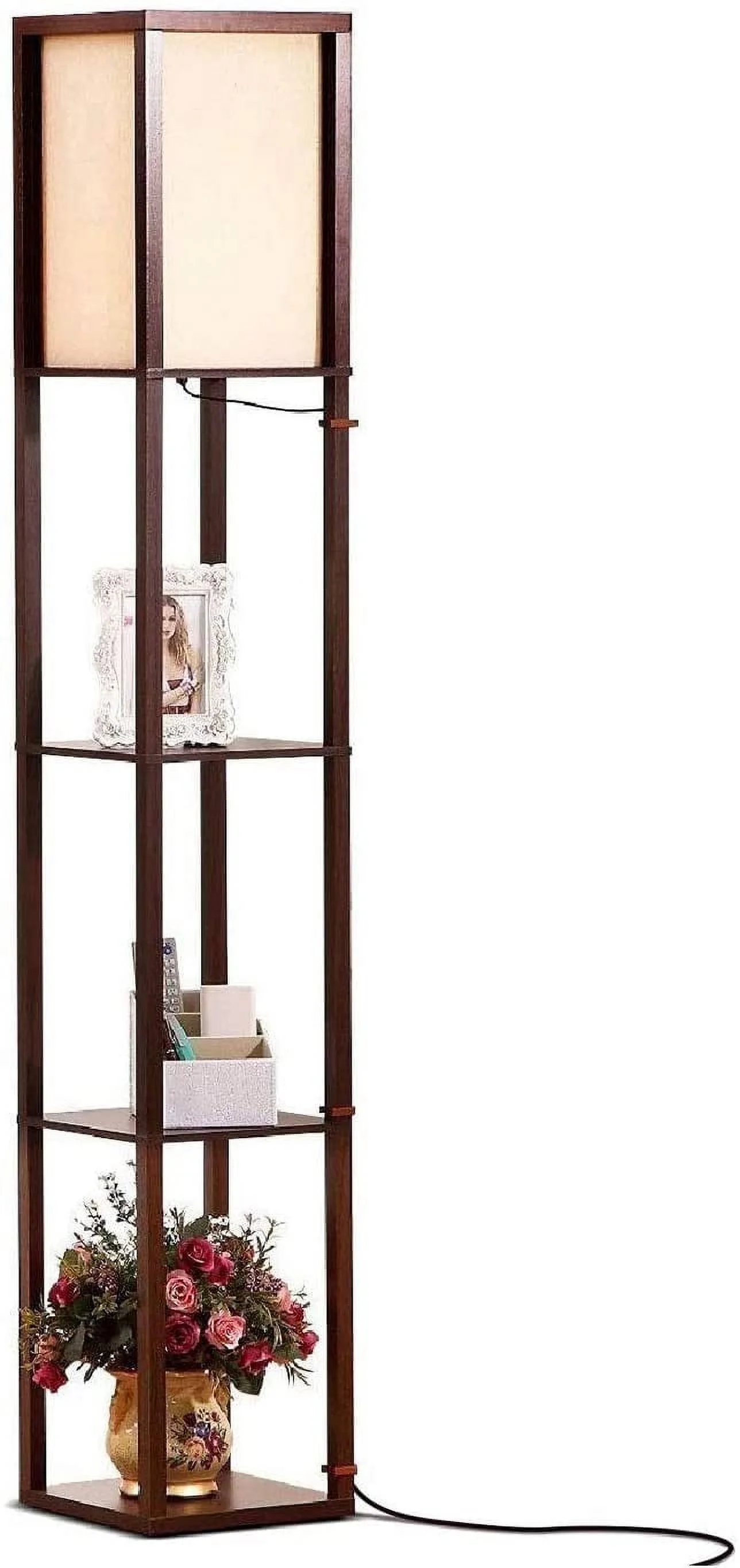 Brightech Maxwell Standing Tower Floor Lamp w/ Shelves & LED Bulb, Havana Brown