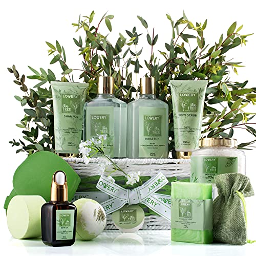 Tea Tree Bath Set - Luxury Home Spa Set with Calming Mint Fragrance – 15 pc Relaxation Gift Basket with Tea Tree Bath Oil,Shower Gel, Bubble Bath, Handmade Soap, Steamer Tablet, Potpourri & More