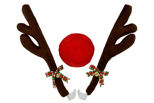 Reindeer Antlers and Nose Rudolph Car Kit - Easy to Install Christmas Decorations for Car Window & Grill - Reindeer Car Kit with Jingle Bells and Plush Red Nose to Decorate Any Vehicle