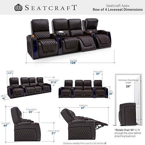 Seatcraft Apex Home Theater Seating - Living Room - Top Grain Leather - Power Recliner - Power Headrests - Power Lumbar - LED Armrests - SoundShaker - USB Charging - Cup Holders (Row of 2, Brown)