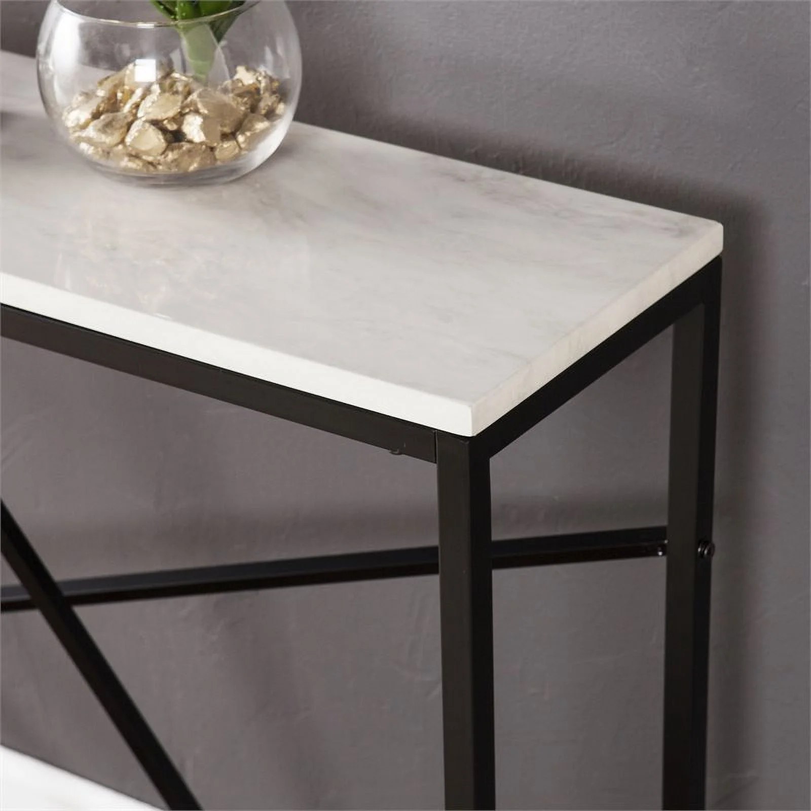 Maklaine Transitional Faux Marble Skinny Console Table in Matte Black