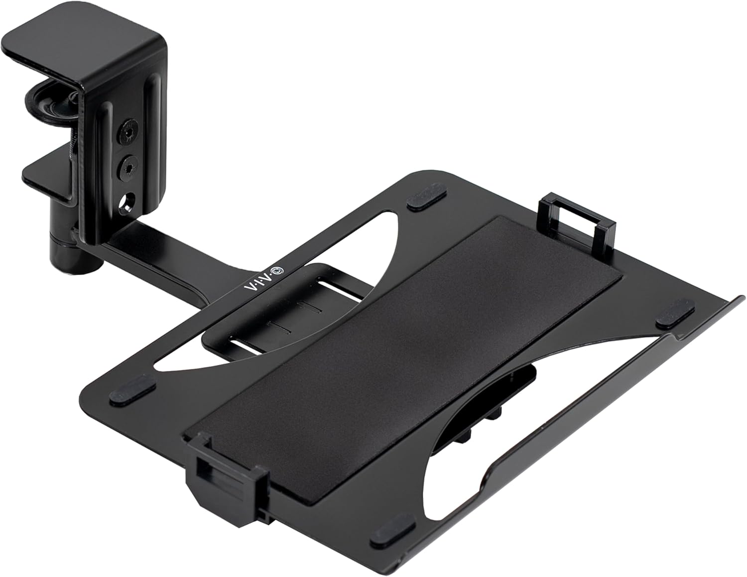 VIVO Clamp-on 12 x 9 inch Rotating Laptop Tray, Extra Sturdy Single Desk Swivel Clamp, Ergonomic Typing, Black, MOUNT-LAP1CB