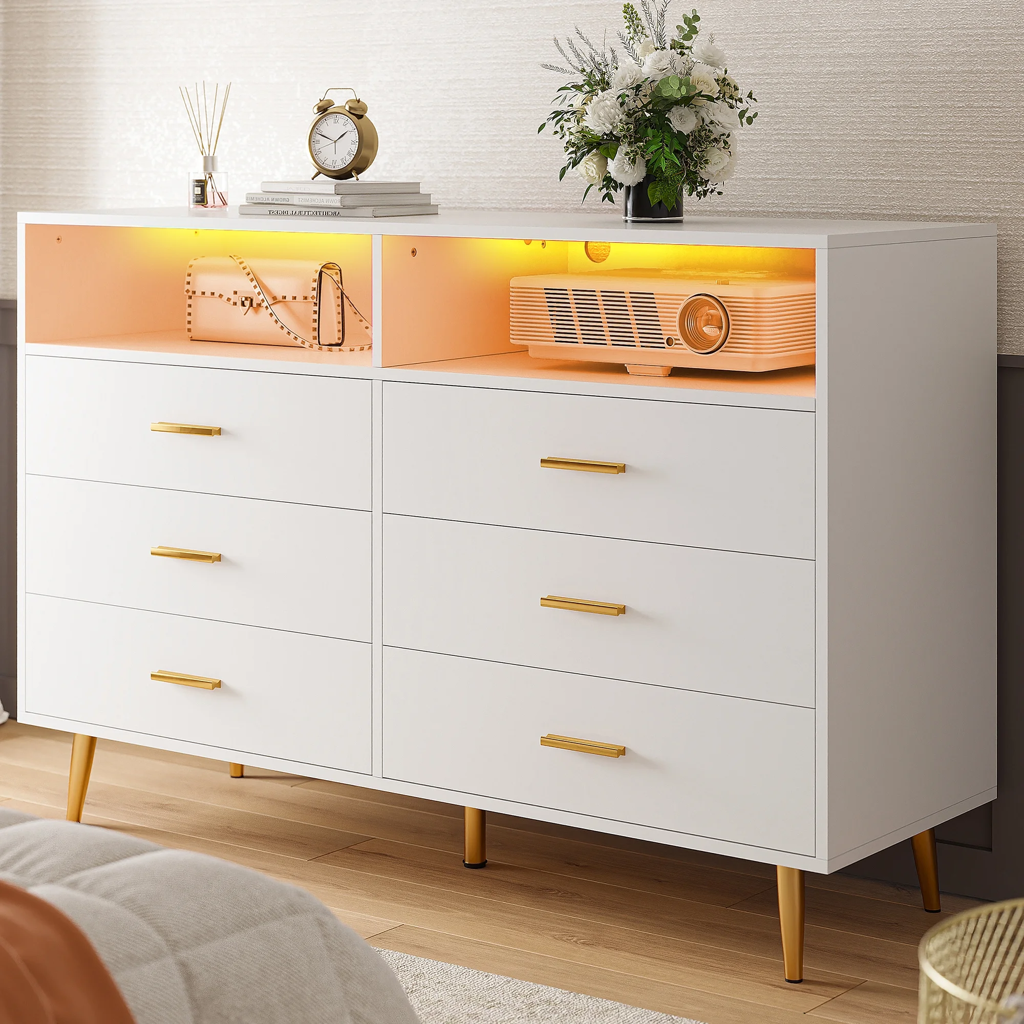 EnHomee Dresser, White Dresser with 6 Deep Drawers, Drawer Dresser with LED Lights, TV Stand Dressers & Chests of Drawers Wood Dresser for Bedroom,Wide Led Dressers,White