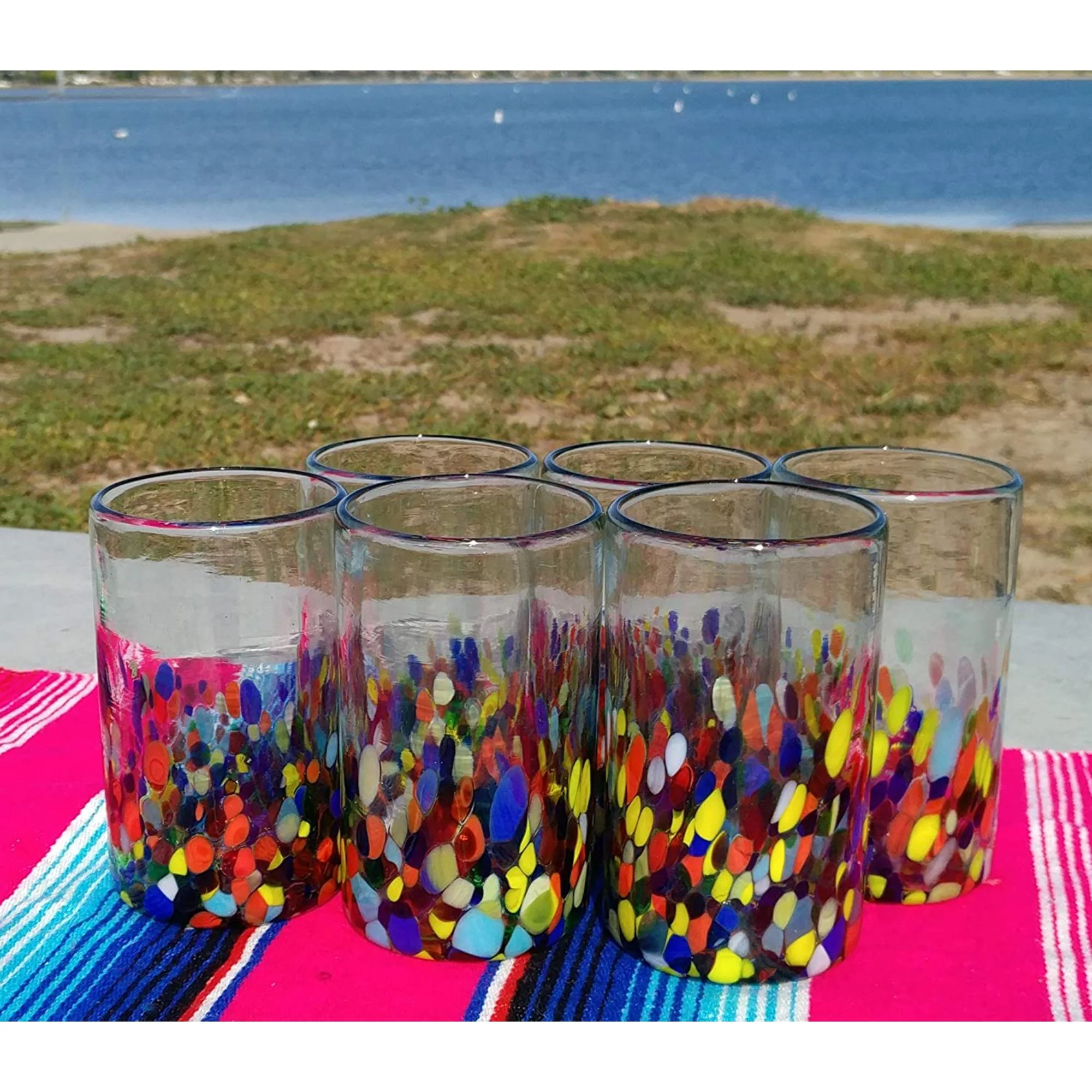 Hand Blown Mexican Drinking Glasses – Set of 6 Confetti Carmen Glasses 14 oz
