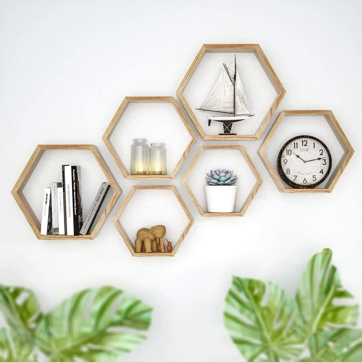 Set of 3 Wooden Hexagon Rustic Floating Shelves Shelves in Black Black