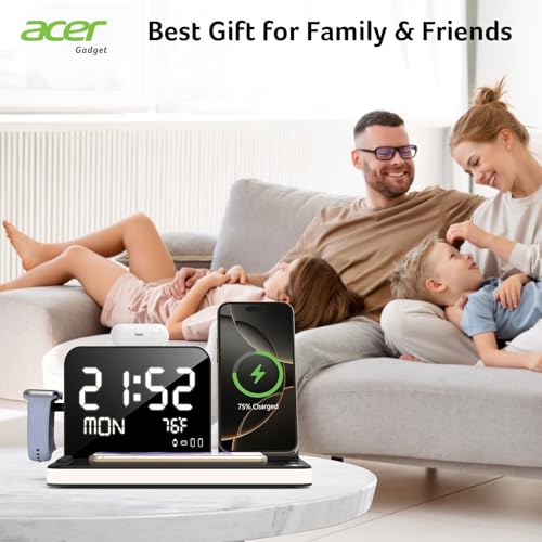 acer 7-in-1 Wireless Charging Station with Adjustable Brightness Night Light, Compatible with iPhone 16/15/14/13/12 All Series, Android Phones, AirPods, and iWatch, Fast Charger with Time Display