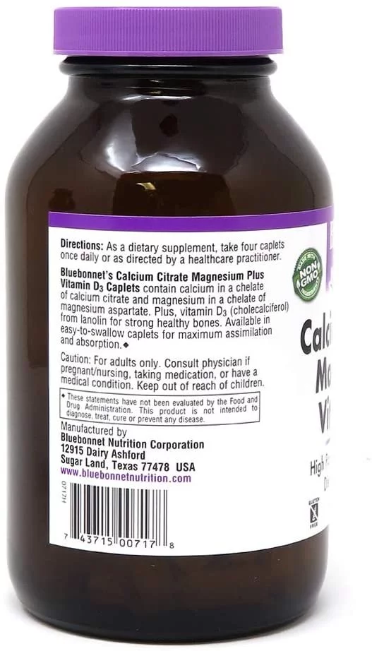 Bluebonnet Nutrition Calcium Citrate Magnesium Plus Vitamin D3 Caplets, Bone Health & Muscle Relaxation, Non GMO, Gluten Free, Soy Free, Milk Free, Kosher, 180 Caplets