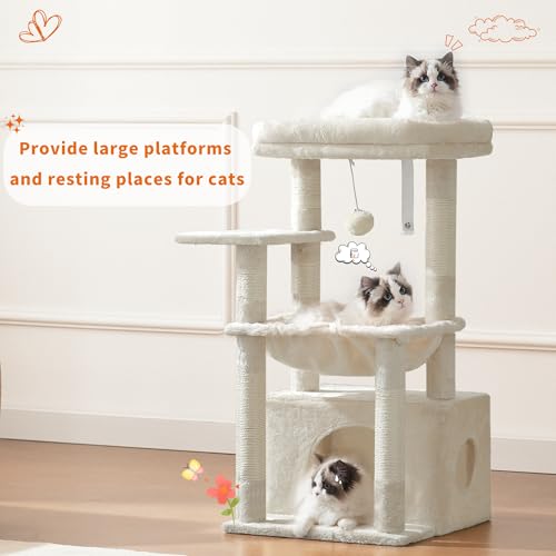 Heybly Cat Tree, Kitten Tower with Large Soft Cat Basket, Cat Condo with Spacious Cat Bed Cave with Hidden Space, Sisal-Covered Scratching Posts, Dangling Ball for Indoor Cats, Light Gray HCT008SW