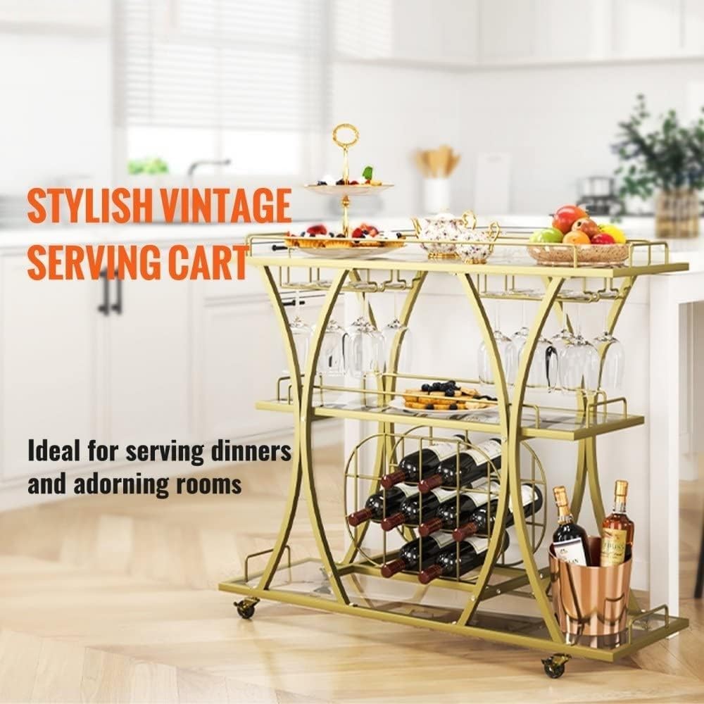Gold Metal Bar Serving Cart with Wine Rack Glass Holder - 3 Tiers, 180 LBS Capacity - Perfect for Home Parties, Events, and Entertaining Guests
