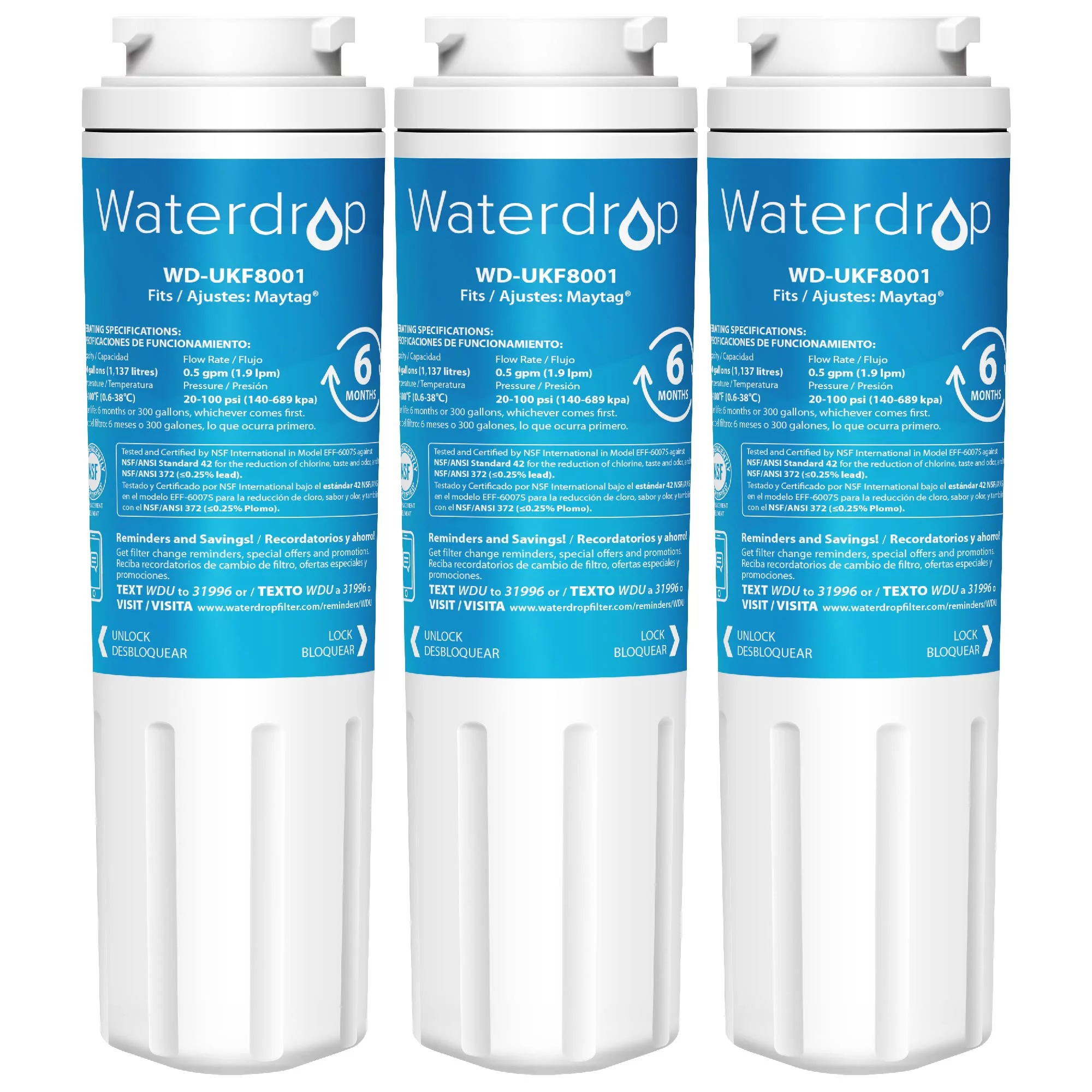 Waterdrop UKF8001 Compatible with Whirlpool EDR4RXD1, 4396395, EveryDrop Filter 4, Maytag UKF8001P, UKF8001AXX-750, Refrigerator Water Filter, Pack of 3