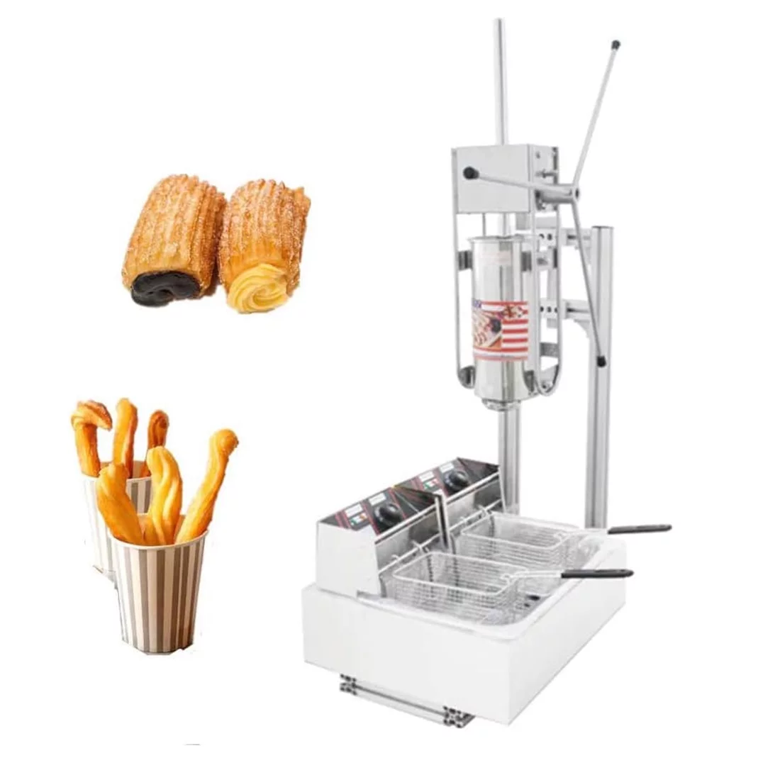 INTBUYING 5L Commercial Vertical Spanish Churros Machine with 12L Deep Fryer 220V 5KW