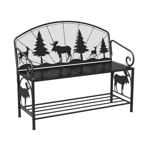 Outdoor Bench, Garden Bench with Backrest and Armrests, Patio Bench with Forest Series Pattern, Anti- Rust Thickened Metal Bench Outdoor for Garden, Yard, Patio, Porch, Lawn and Park