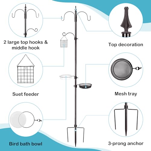 6-Hook Bird Feeding Station Kit, Wild Bird Feeder Stand Pole, Multi-Feeder Kit Stand with 4 Feeders, Bird Bath and Mesh Tray, 94 Inch