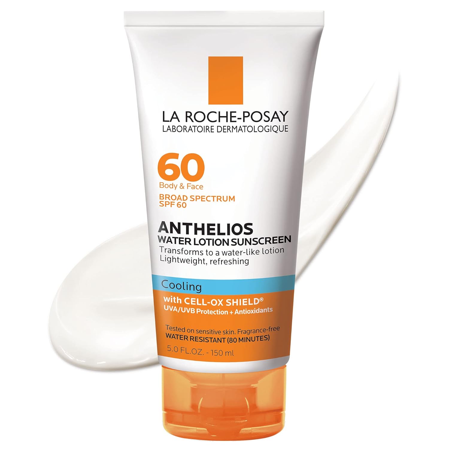 La Roche-Posay Anthelios Cooling Water Sunscreen Lotion | Water Based Sunscreen for Face & Body | Broad Spectrum SPF + Antioxidants | Fast Absorbing Water-Like Texture | Oil Free Sunscreen SPF 60