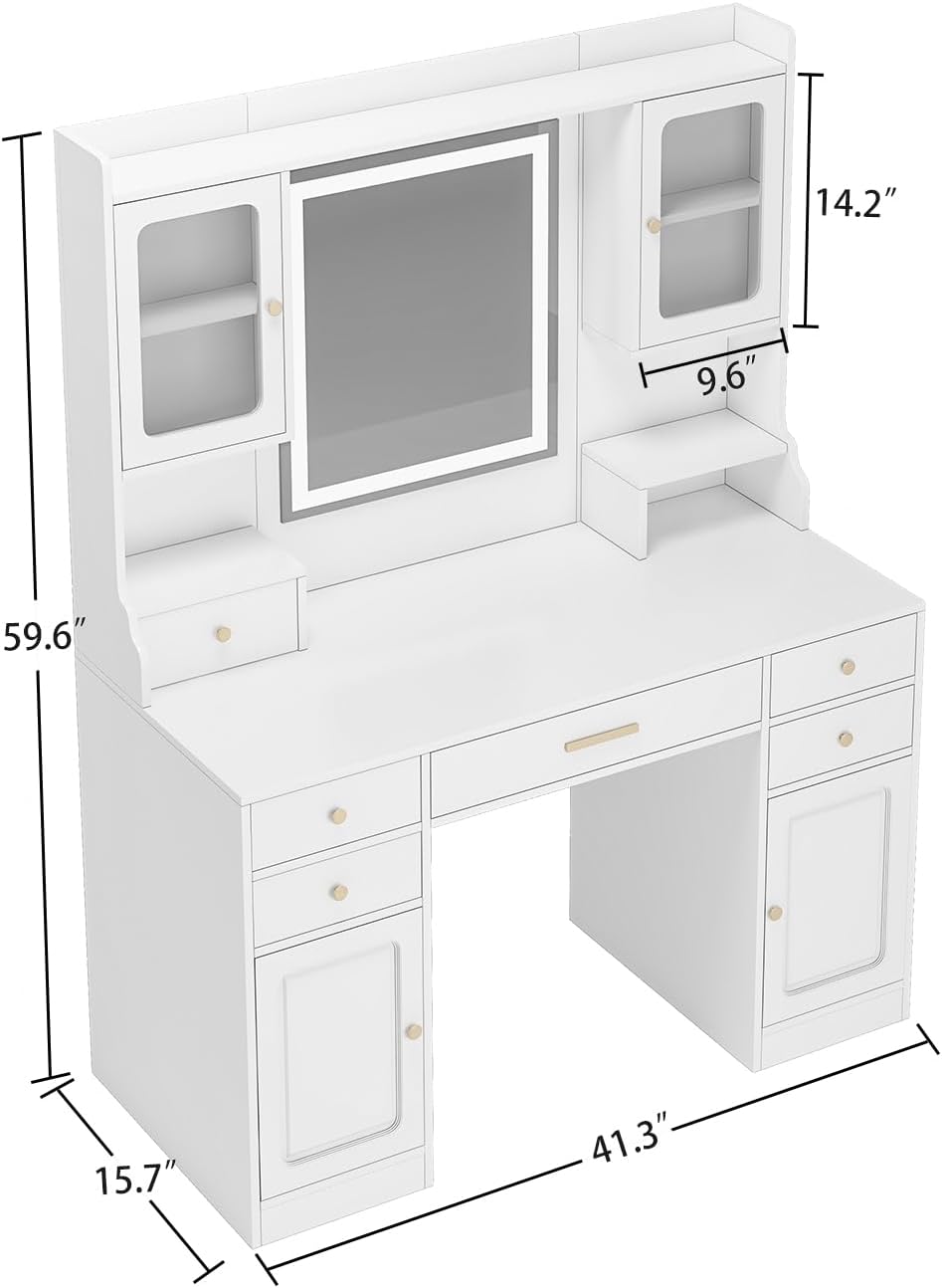 Vanity Desk with LED Lighted Mirror, Makeup Vanity with 11Drawers, 3 Color Lighting Modes Brightness Adjustable, Hidden Wiring, Dressing Table for Bedroom, White (White+MDF+American Design)
