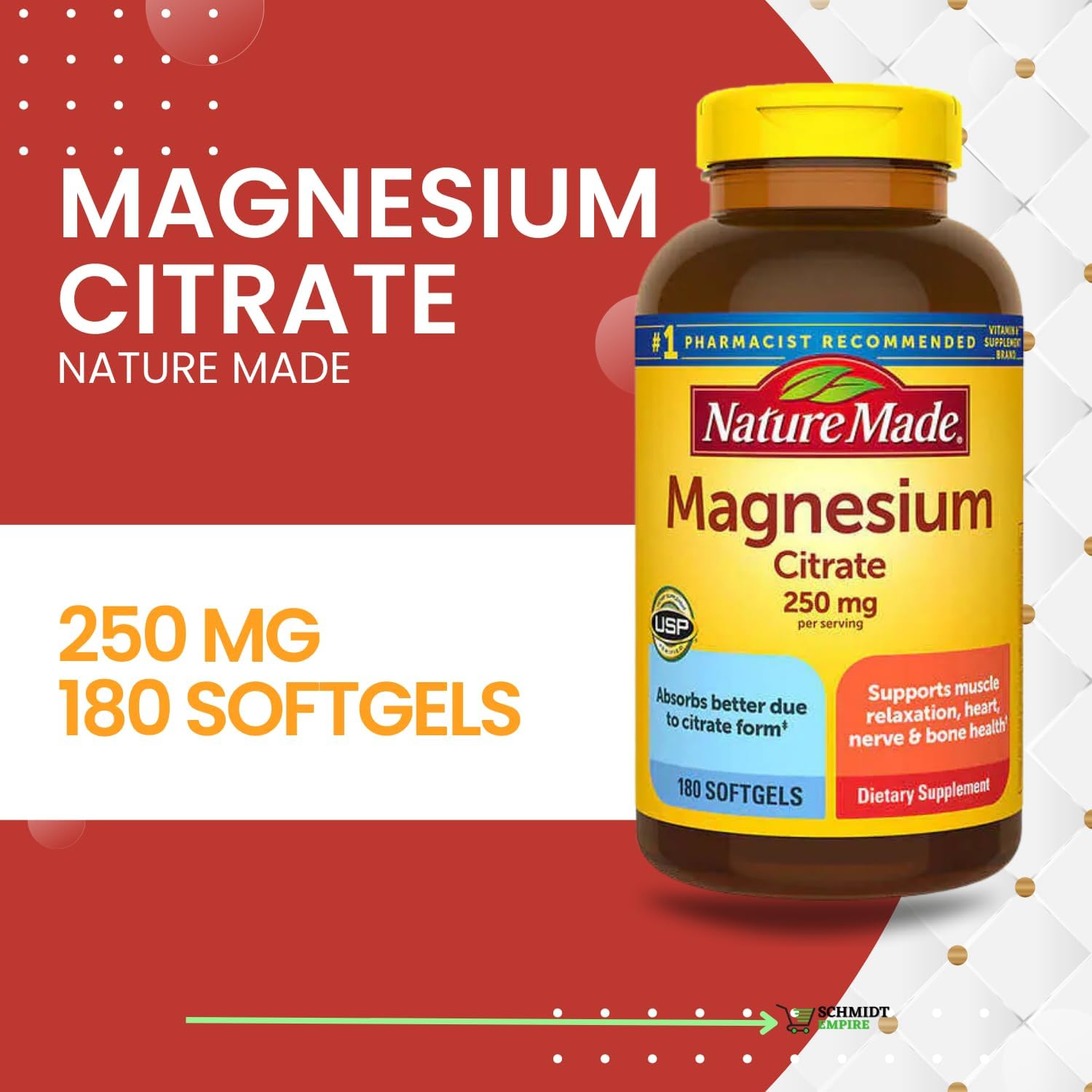 Nature Made Magnesium Citrate 250 mg Supplement, 180 Count Softgels (Pack of 1)