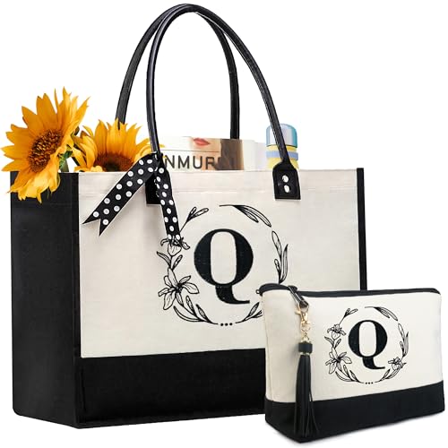 BeeGreen Mother's Day Gifts Personalized Women's Large White and Black Canvas Tote Bag, Embroidered Initials, Leather Handle, Zipper Closure