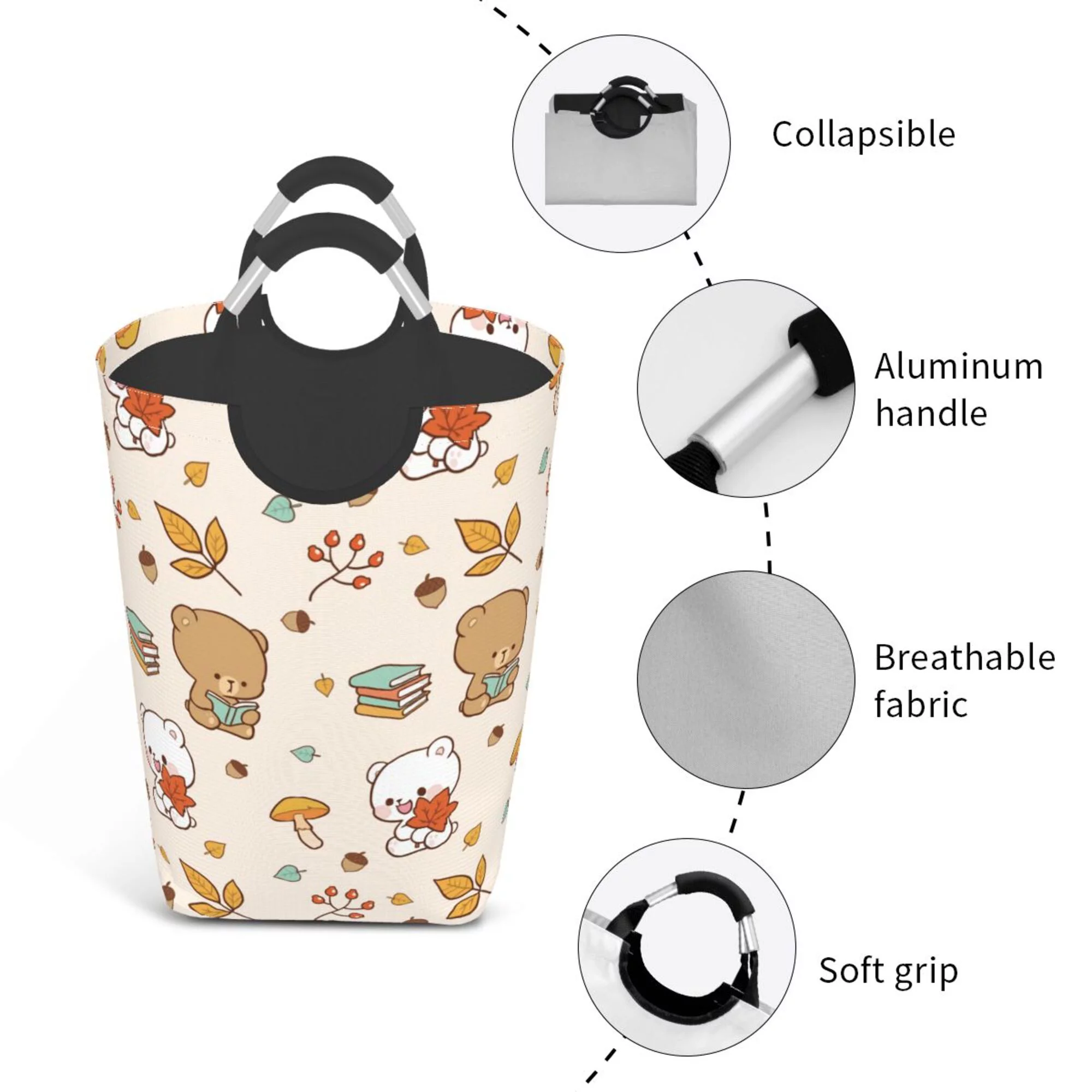 TEQUAN 50L Large Rectangular Laundry Hamper with Aluminum Handles, Cartoon Bear Animal Prints Waterproof Foldable Dirty Clothes Basket
