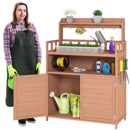 Outdoor Potting Bench with Storage Cabinet & Top Shelf, Wooden Garden Potting Table for Outside, Planting Workstation for Greenhouse, Patio, Backyard (Brown)