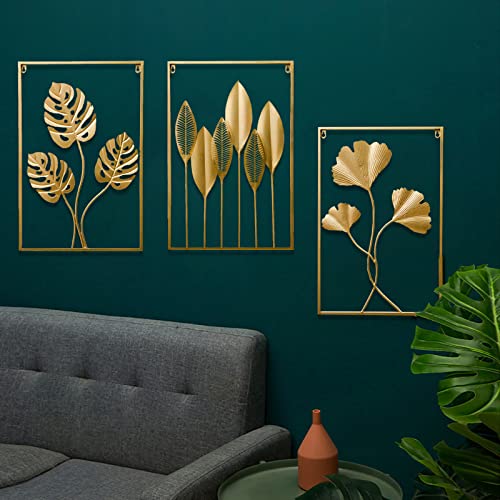3Pcs Metal Wall Art Decor,Abstract Gold Wall Art Metal Leaf with Frame,17
