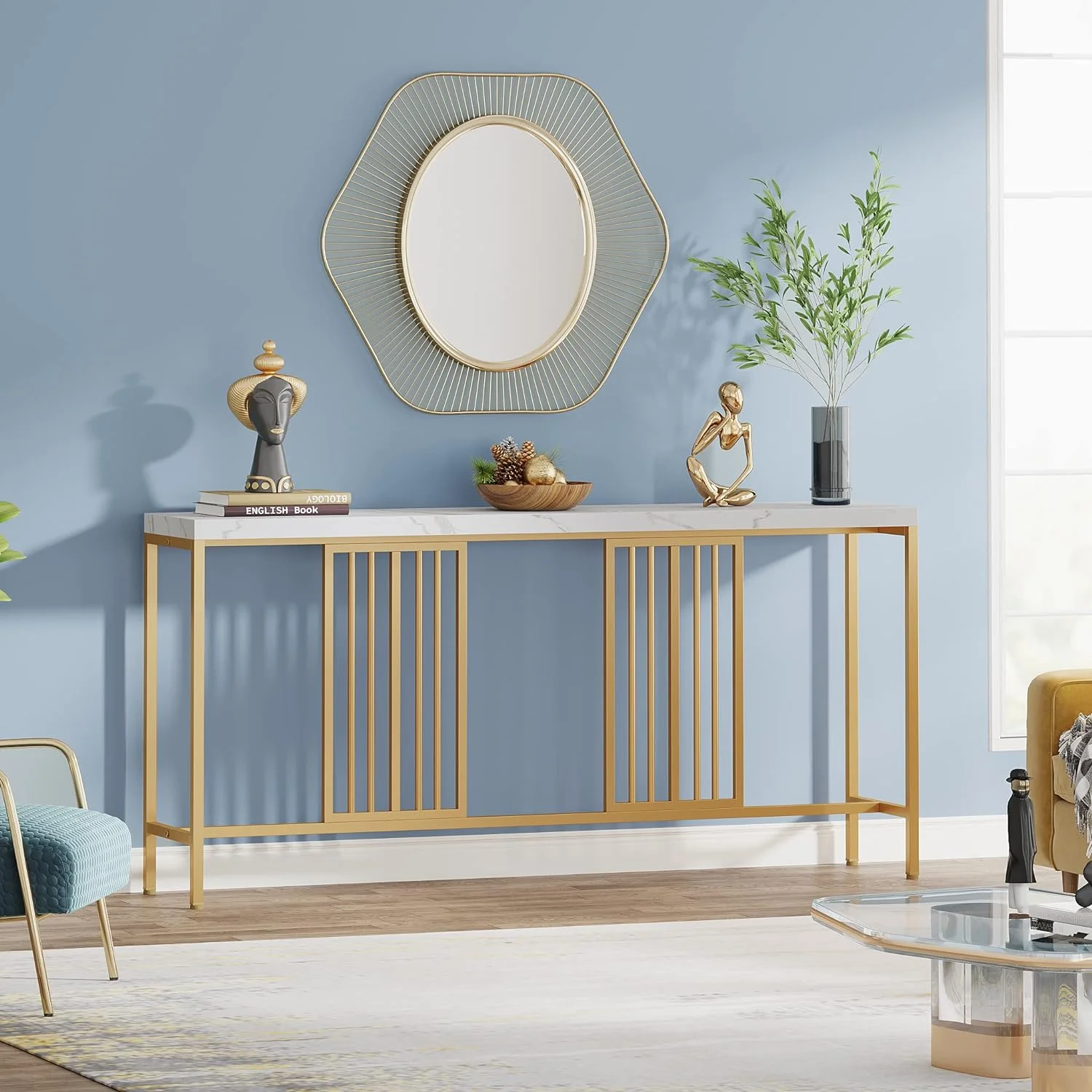 70.9 Inch Extra Long Console Table Sofa Table White and Gold Entryway Table Narrow Long Hallway Table for Living Room with Gold Metal Frame