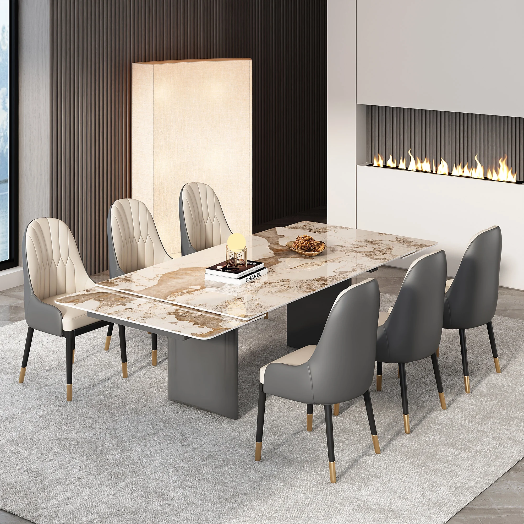 6-Person Extendable 63'' to 94.5''  Dining Set,Rectangular Sintered Stone Top, Stainless Steel Legs (1 Table 6 white PoloChairs)
