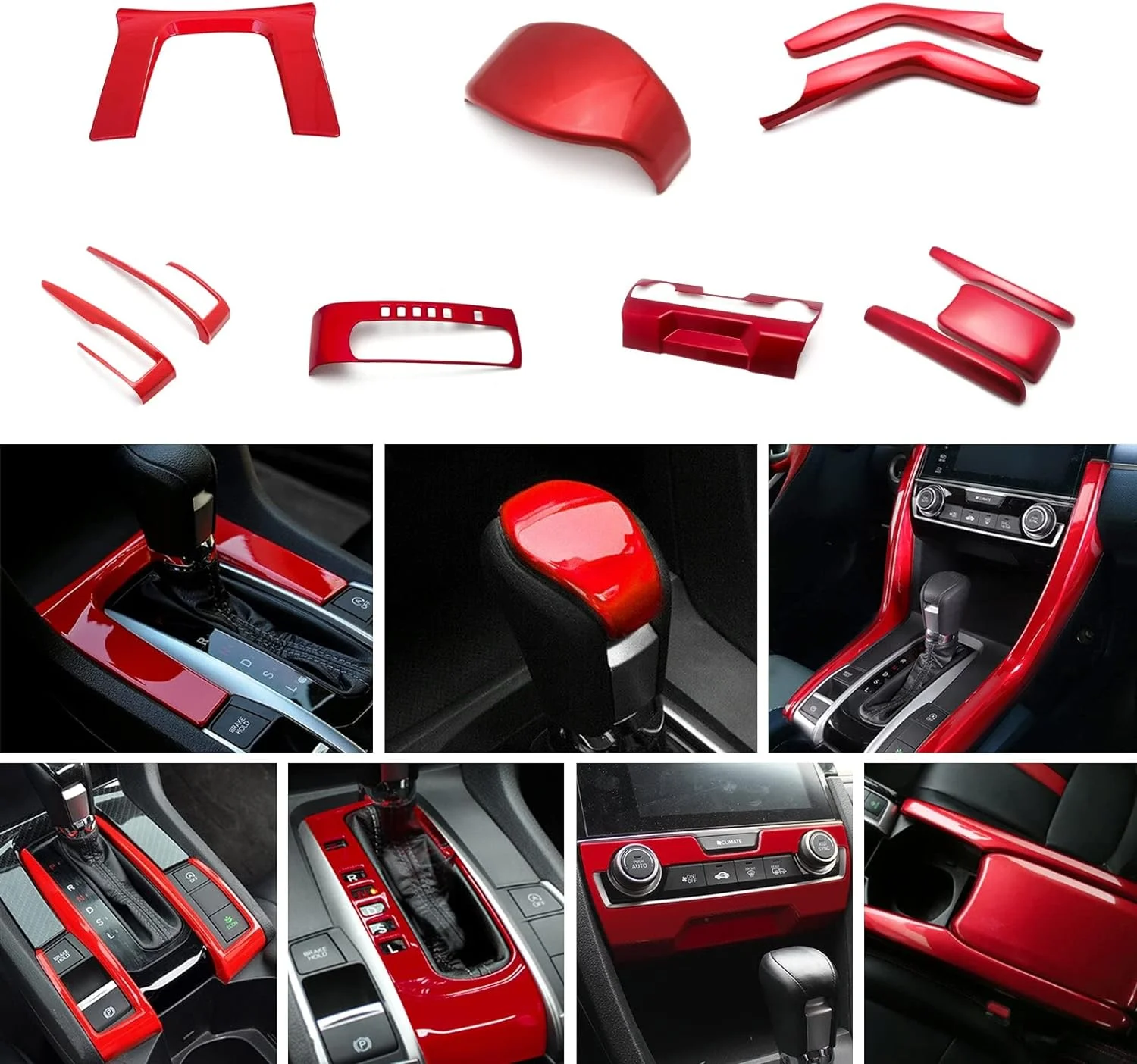 Xotic Tech Interior Center Console Panel Gear Upper Panel Console Side Armrest Box Gear Shift Button Frame w/ Lever Cover Trim Combo Kit , Sporty Red , Compatible with Honda Civic 2016-2021