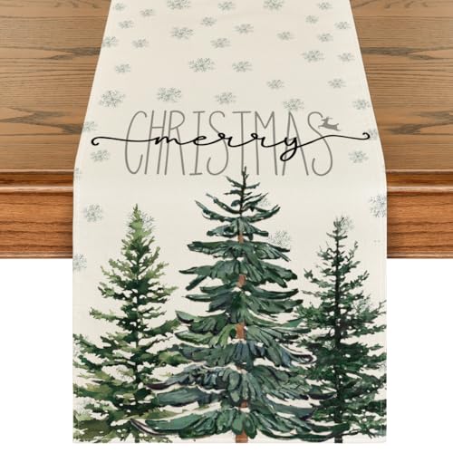 Artoid Mode Beige Pine Tree Snowflake Merry Christmas Table Runner, Seasonal Winter Xmas Holiday Kitchen Dining Table Decoration for Home Party Decor 13 x 72 Inch