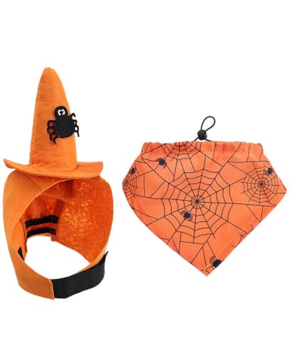 Dog Halloween Costumes,2Pcs Set Witch Hat and Bandana with Pumpkin Spider and Bat,Adjustable Fanny Dog Clothes,Headgear for Small Midum and Large Dogs,Puppy,Cats,Pets,Black,L