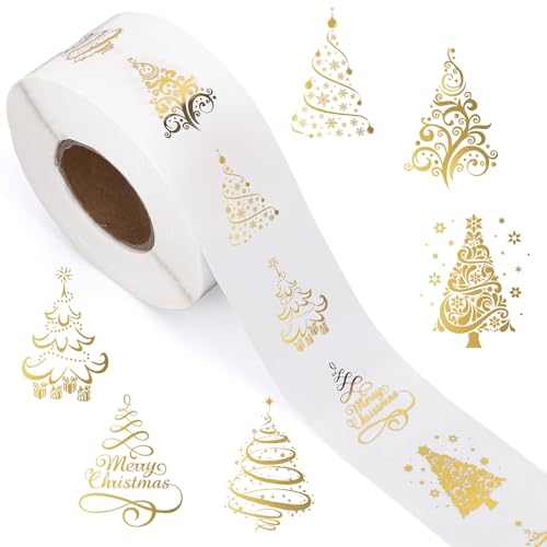 1000Pcs Clear Christmas Stickers Roll Gold Foil Xmas Tree Seal Stickers Self-Adhesive Label Decals for Holiday Envelope Invitations Cards Gift Decor, 6 Designs