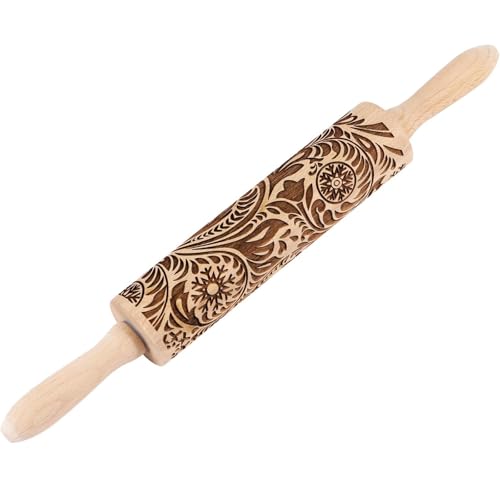 Embossed Rolling Pin 2 Pack, Wooden Non Stick Rolling Pin for Baking with Pattern Designs, French Pastry Dough Roller for Cookies, Pie Crust, Fondant, Kitchen Baking Tools Supplies Set (2 Piece)
